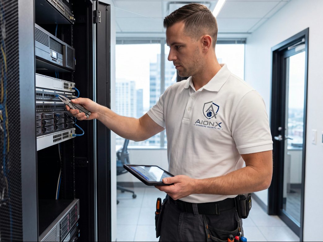 An AIONX technician reviewing system configuration on a tablet during a commercial installation